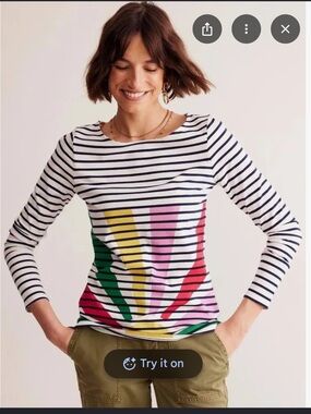 Boden Breton Stripe Long Sleeve Top UK 8 US 4 100% Cotton Coastal Grandma